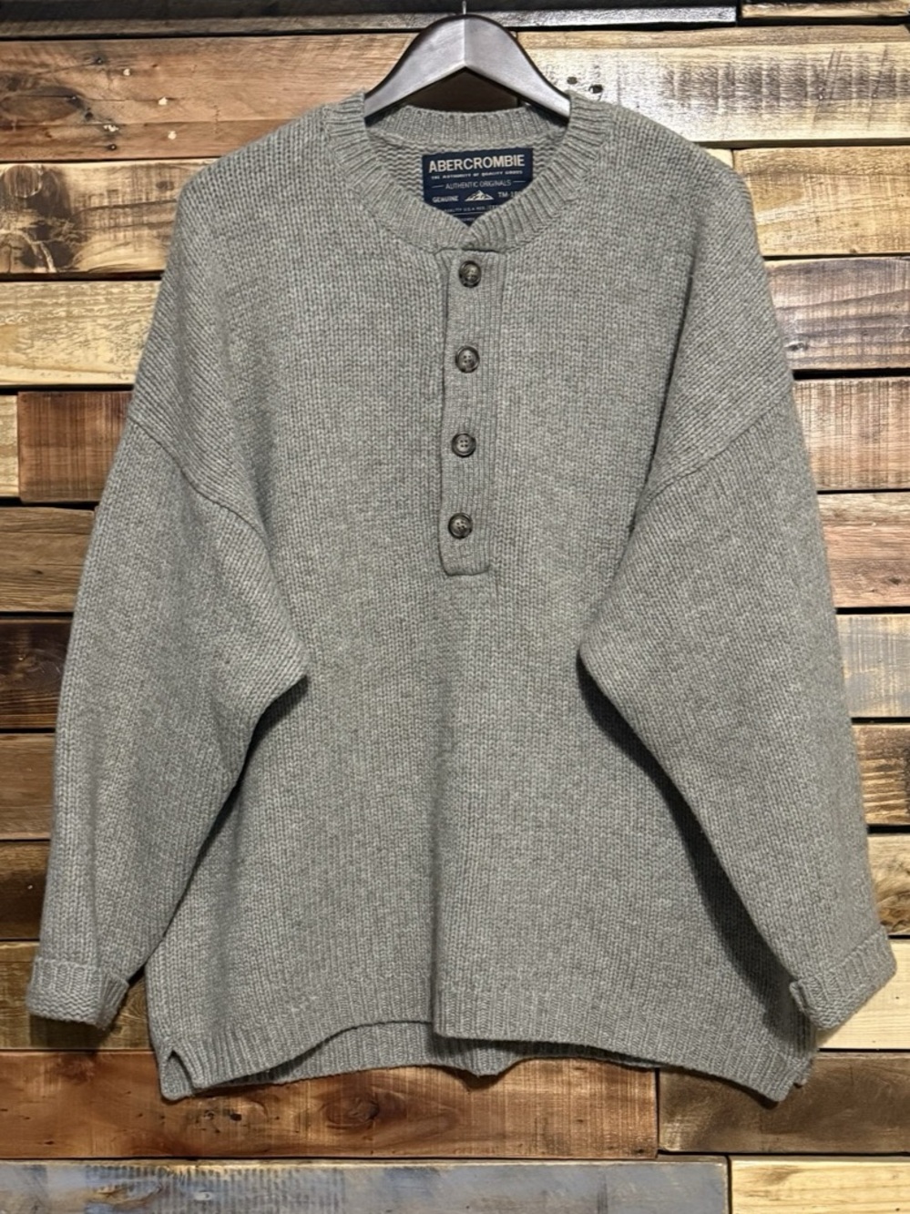 Vintage 90s Abercrombie Fitch Lambswool Knit Oversized Henley Sweater Beige L